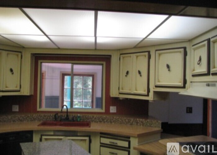 A kitchen with white cabinets and a red sink.