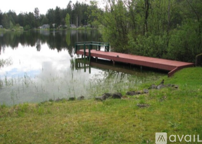 A dock extends into a lake with a grassy shore.