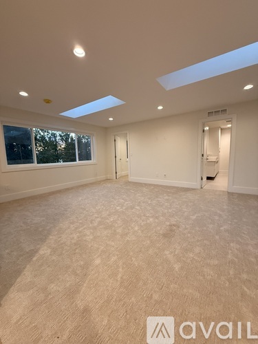 A spacious room with a skylight and carpeted floor.