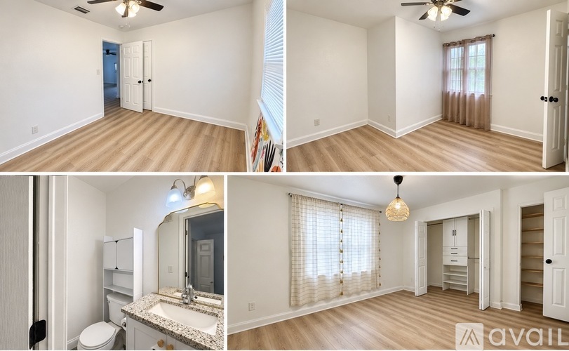 A four-panel image of a room with a toilet, sink, and a window with curtains.