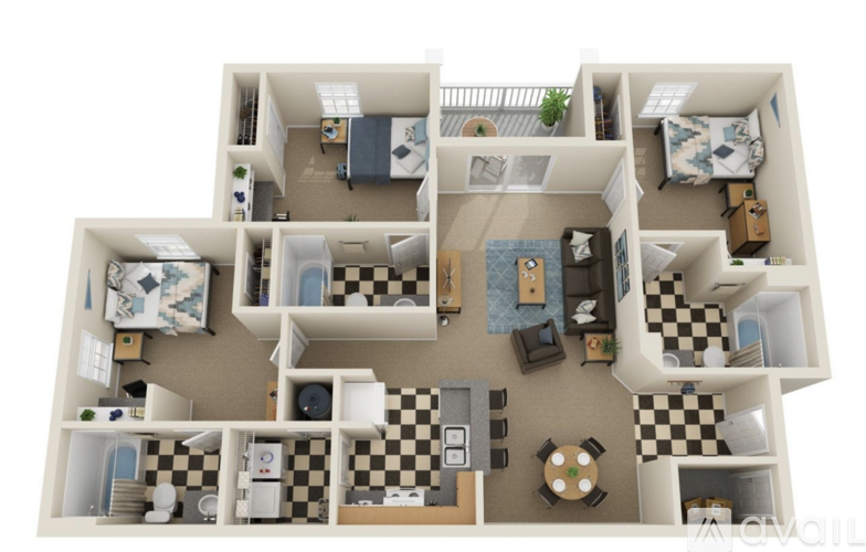 A dollhouse with a black and white checkered floor.