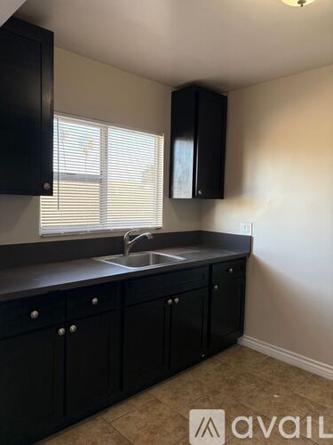 A kitchen with black cabinets and a sink.