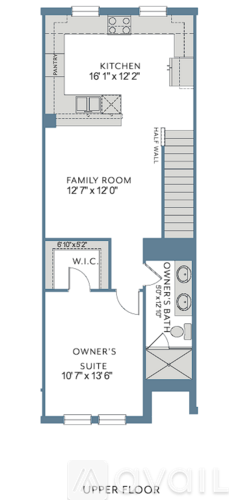 A floor plan of a house with a kitchen, family room, and owner's suite.