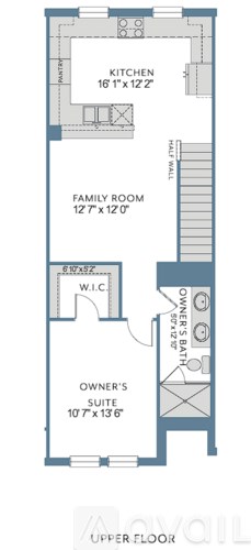 A floor plan of a house with a kitchen, family room, and owner's suite.