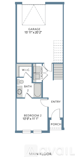 A floor plan of a house with a garage, laundry area, bathroom, and two bedrooms.