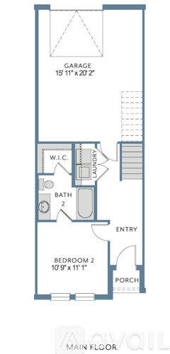 A floor plan of a house with a garage, laundry area, bathroom, and two bedrooms.