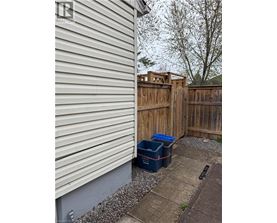 A small backyard with a wooden fence and two blue bins.
