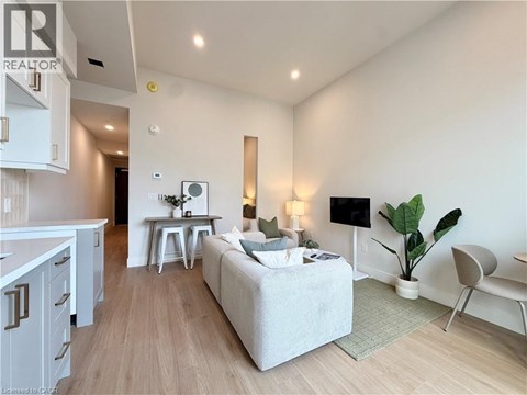A well-lit, modern living room with a grey sofa and a wooden floor.