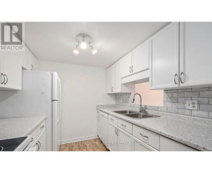 A white kitchen with a sink and a refrigerator.