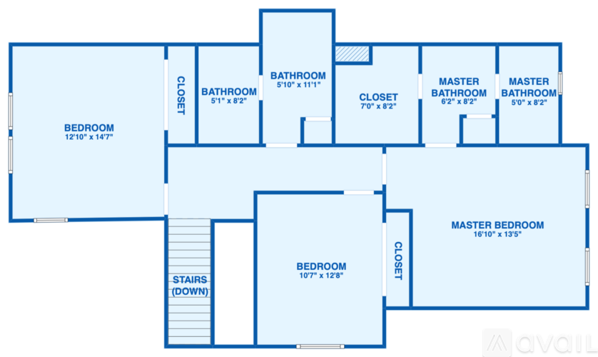 A blueprint of a house layout with a master bedroom and stairs.