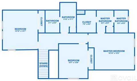 A blueprint of a house layout with a master bedroom and stairs.