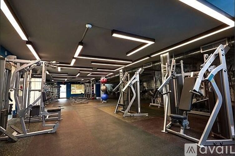 A gym with a variety of equipment including weight machines and free weights.