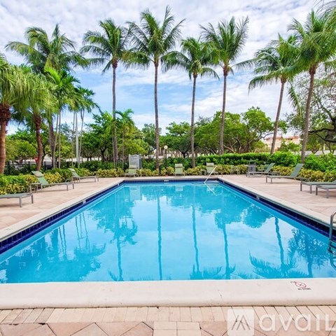 A pool surrounded by palm trees and greenery.