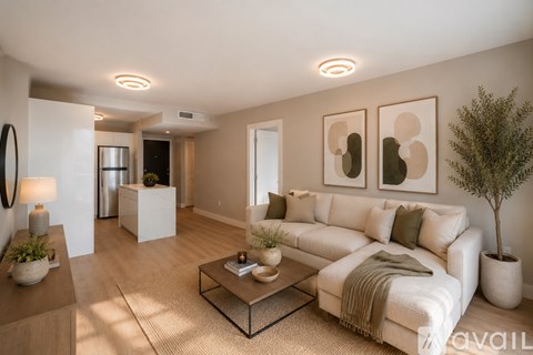 A modern living room with a white sofa, a coffee table, and a potted plant.