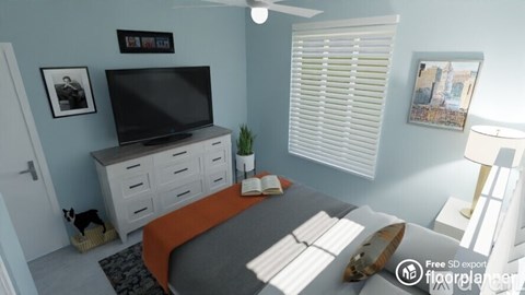 A bedroom with a bed, dresser, and television.