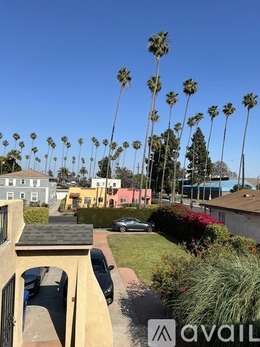 A view of a street with a car and houses with palm trees in the background.