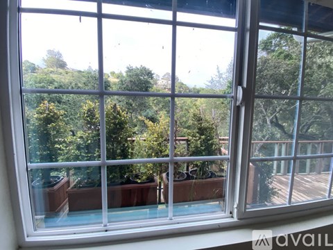 A window with a view of a deck and trees.