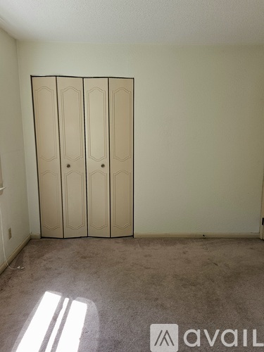 A room with a carpeted floor and a wall-mounted wardrobe.