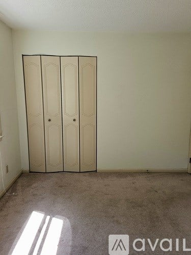 A room with a carpeted floor and a wall-mounted wardrobe.