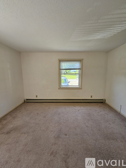 A room with a carpeted floor and a window showing a parking lot outside.