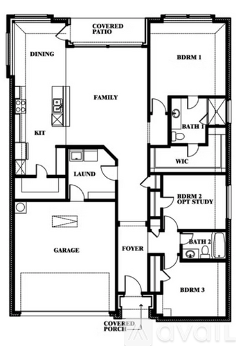 A floor plan of a house with a dining area, family room, laundry room, garage, and three bedrooms.