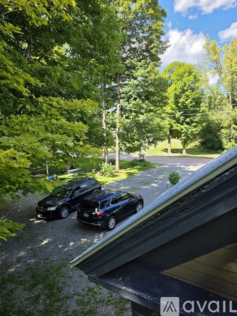 Two cars are parked in a driveway surrounded by trees.