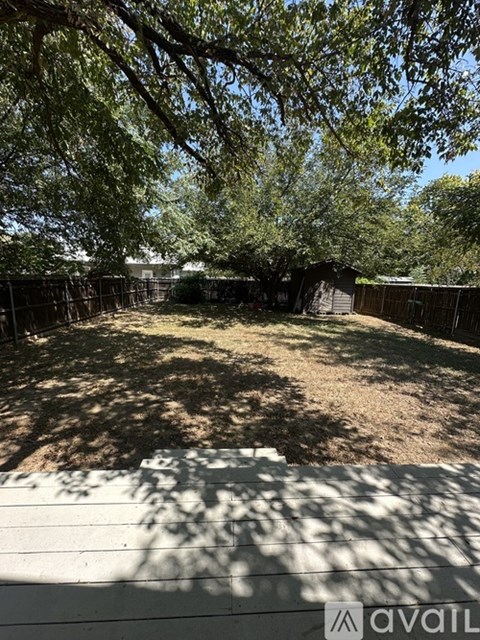 A backyard with a fence and trees.