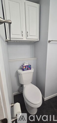 A white toilet with a box of tissues on top of it.