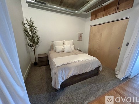 A bedroom with a bed, a plant, and a wooden door.