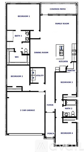 A floor plan of a house with labeled rooms such as Bedroom 1, Bath 1, Dining Room, Kitchen, and Porch.