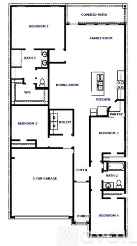 A floor plan of a house with labeled rooms such as Bedroom 1, Bath 1, Dining Room, Kitchen, and Porch.