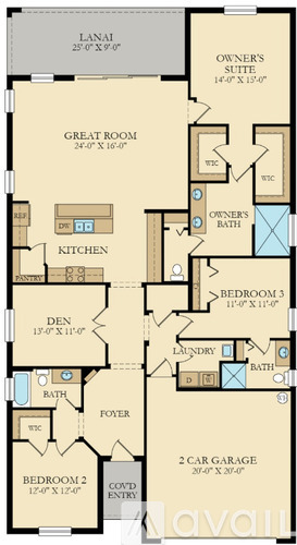 A floor plan of a house with a lanai, great room, and two bedrooms.