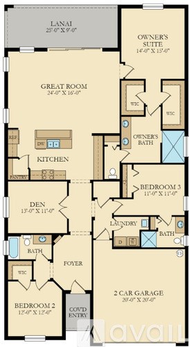 A floor plan of a house with a lanai, great room, and two bedrooms.