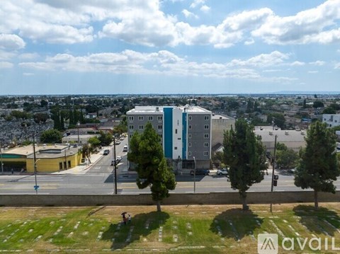 A view of a city from a high vantage point with buildings, trees, and a road.