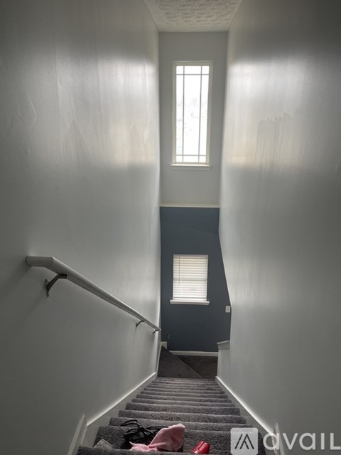 A staircase with a carpeted runner and a metal handrail.