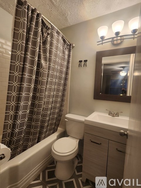 A bathroom with a toilet, sink, and shower curtain.
