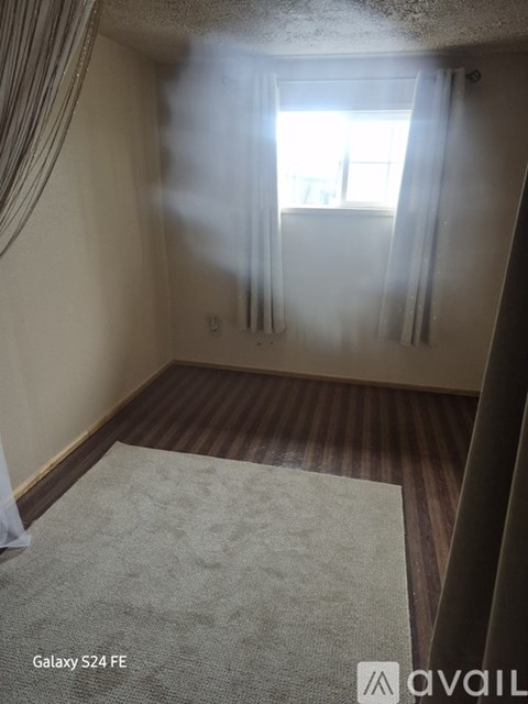 A room with a window and curtains, and a carpet on the floor.