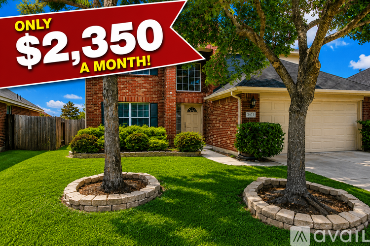 A red sign with "$2,350 A MONTH!" is displayed in front of a house with a well-manicured lawn.
