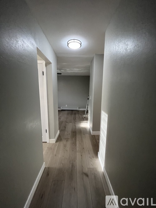A long hallway with a light on the ceiling and a door at the end.