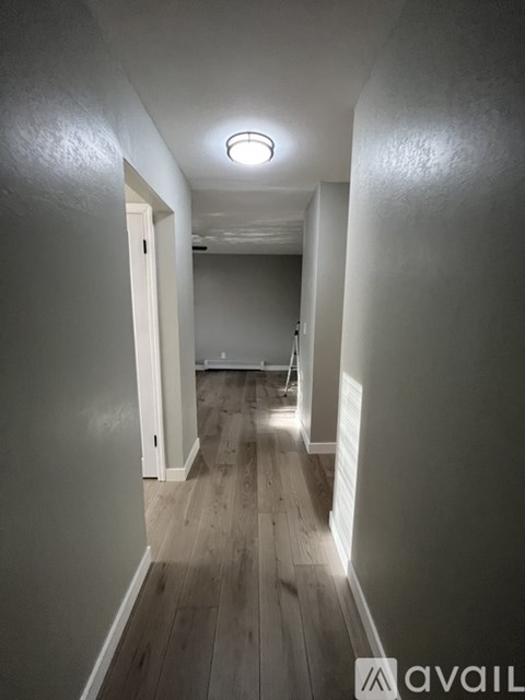 A long hallway with a light on the ceiling and a door at the end.