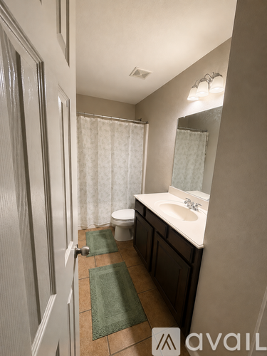 A bathroom with a toilet, sink, and shower curtain.
