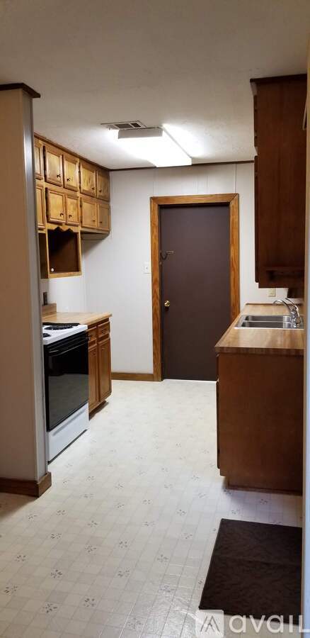 A kitchen with a brown door and a brown counter.
