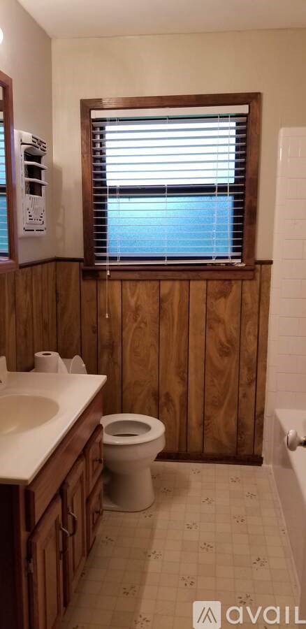 A bathroom with a toilet, sink, and wooden paneling.