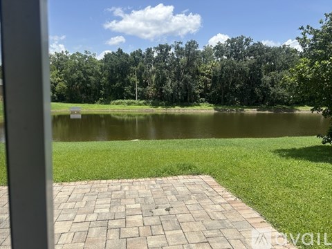 A paved walkway leads to a tranquil lake surrounded by lush greenery.