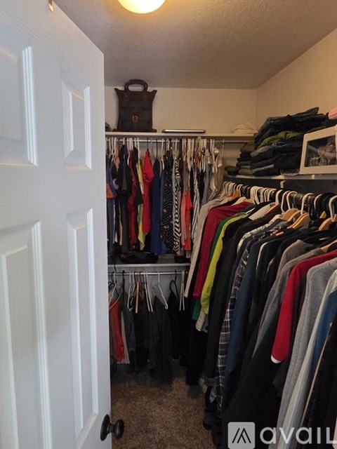 A white door is on the left of a room with a rack of clothes.