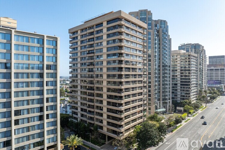 A row of modern high-rise buildings line a tree-lined street.