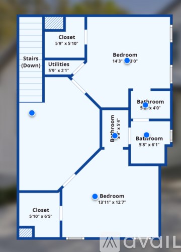 A blue and white floor plan of a house with dimensions of each room.