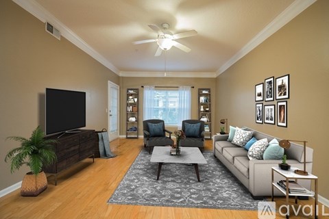 A living room with a television, two couches, a coffee table, and a potted plant.