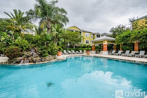 A large swimming pool surrounded by palm trees and lounge chairs.