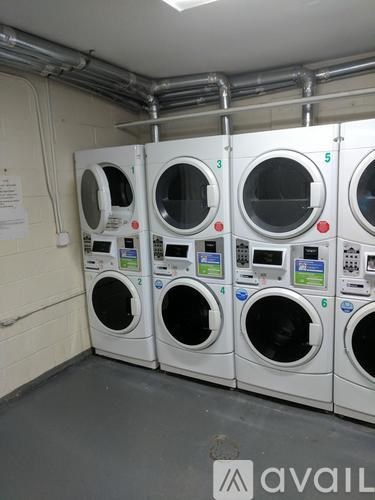 A row of white washing machines are lined up in a laundry room.